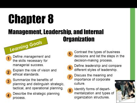 Chapter 8 Management, Leadership, and Internal Organization Learning Goals Define management and the skills necessary for managerial success. Explain the.