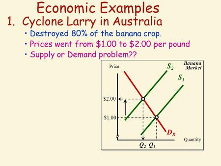 Economic Examples 1. Cyclone Larry in Australia Destroyed 80% of the banana crop. Prices went from $1.00 to $2.00 per pound Supply or Demand problem??