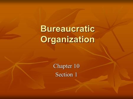 Bureaucratic Organization Chapter 10 Section 1. The Cabinet Departments The federal bureaucracy is made up of hundreds of agencies with staff members.