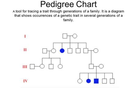 Pedigree Chart A tool for tracing a trait through generations of a family. It is a diagram that shows occurrences of a genetic trait in several generations.