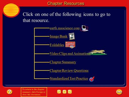 To return to the chapter summary click Escape or close this document. Chapter Resources Click on one of the following icons to go to that resource. earth.msscience.com.