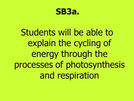 SB3a. Students will be able to explain the cycling of energy through the processes of photosynthesis and respiration.