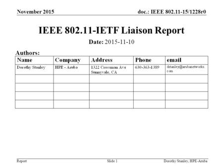 Doc.: IEEE 802.11-15/1228r0 Report November 2015 Dorothy Stanley, HPE-ArubaSlide 1 IEEE 802.11-IETF Liaison Report Date: 2015-11-10 Authors: