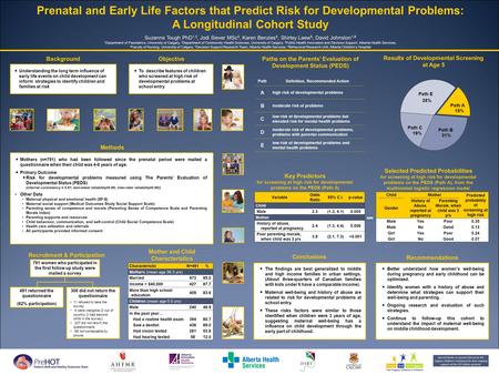 Prenatal and Early Life Factors that Predict Risk for Developmental Problems: A Longitudinal Cohort Study Suzanne Tough PhD 1,2, Jodi Siever MSc 3, Karen.