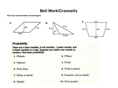 Bell Work/Cronnelly. A= 143 ft 2 ; P= 48 ft A= 2.3 m; P= 8.3 m A= 292.5 ft 2 ; P= 76 ft 2/12; 1/6 1/12 8/12; 2/3 6/12; 1/2 0/12 4/12; 1/3 5/12 6/12; 1/2.