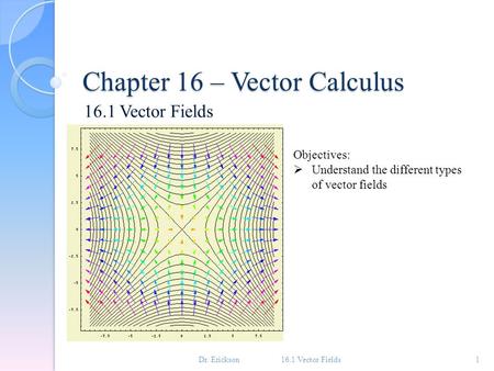 Chapter 16 – Vector Calculus 16.1 Vector Fields 1 Objectives:  Understand the different types of vector fields Dr. Erickson.