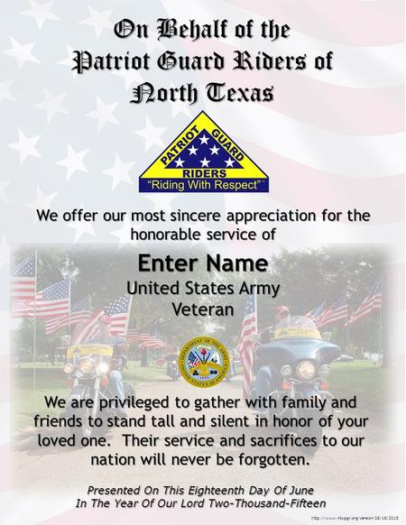Enter Name United States Army Veteran We are privileged to gather with family and friends to stand tall and silent in honor of your loved one. Their service.