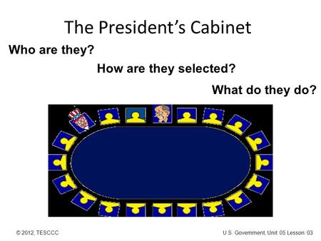 The President’s Cabinet © 2012, TESCCC Who are they? How are they selected? What do they do? U.S. Government, Unit: 05 Lesson: 03.