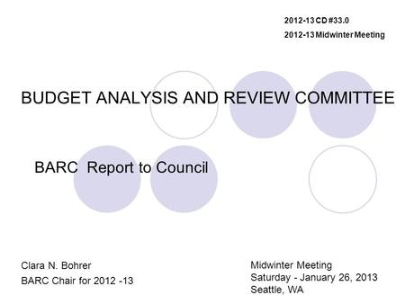 BUDGET ANALYSIS AND REVIEW COMMITTEE BARC Report to Council Clara N. Bohrer BARC Chair for 2012 -13 2012-13 CD #33.0 2012-13 Midwinter Meeting Midwinter.