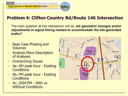 Problem 4: Clifton Country Rd/Route 146 Intersection Base Case Phasing and Volumes Analysis Plans Description of Analyses Overarching Issues 4a: AM peak.