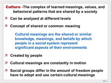 S12 - 1 Culture - The complex of learned meanings, values, and behavioral patterns that are shared by a society äCan be analyzed at different levels äConcept.