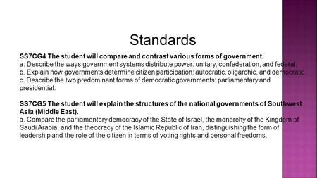 Standards SS7CG4 The student will compare and contrast various forms of government. a. Describe the ways government systems distribute power: unitary,