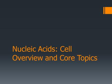 Nucleic Acids: Cell Overview and Core Topics. Outline I.Cellular Overview II.Anatomy of the Nucleic Acids 1.Building blocks 2.Structure (DNA, RNA) III.Looking.
