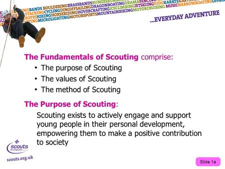 The Fundamentals of Scouting comprise: The purpose of Scouting