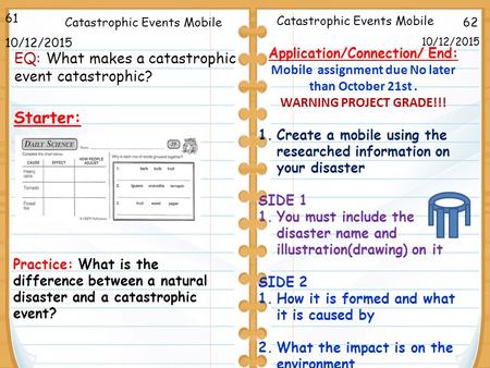 62Catastrophic Events Mobile 10/12/2015 61 10/12/2015 Starter: Application/Connection/ End: Mobile assignment due No later than October 21st. WARNING PROJECT.