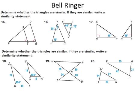 Bell Ringer. Proportions and Similar Triangles Example 1 Find Segment Lengths Find the value of x. 4 8 x 12 = Substitute 4 for CD, 8 for DB, x for CE,