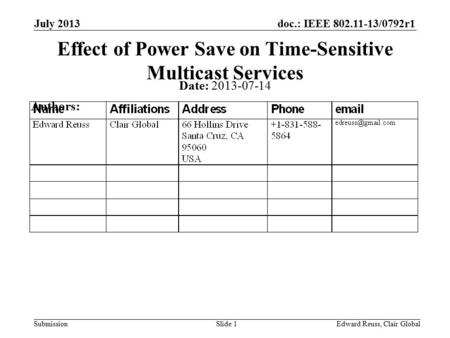 Doc.: IEEE 802.11-13/0792r1 Submission July 2013 Edward Reuss, Clair GlobalSlide 1 Effect of Power Save on Time-Sensitive Multicast Services Date: 2013-07-14.