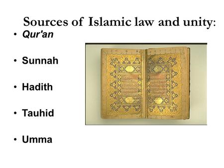 Sources of Islamic law and unity: Qur'an Sunnah Hadith Tauhid Umma.