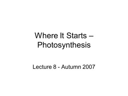 Where It Starts – Photosynthesis Lecture 8 - Autumn 2007.