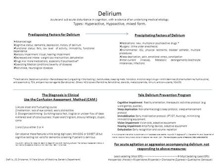 Delirium Acute and sub acute disturbance in cognition, with evidence of an underlying medical etiology. Types: Hyperactive, Hypoactive, mixed form. Predisposing.