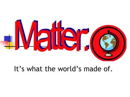 It’s what the world’s made of. What do you know about matter? Do you know the phases of matter? Solids Liquids Gasses Plasma.