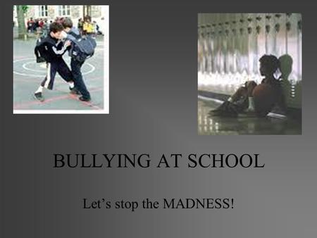 BULLYING AT SCHOOL Let’s stop the MADNESS!. You Are Not Alone Everyone has been bullied in their lifetime. How a person deals with the first bullying.