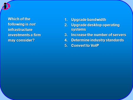 1.Upgrade bandwidth 2.Upgrade desktop operating systems 3.Increase the number of servers 4.Determine industry standards 5.Convert to VoIP Which of the.