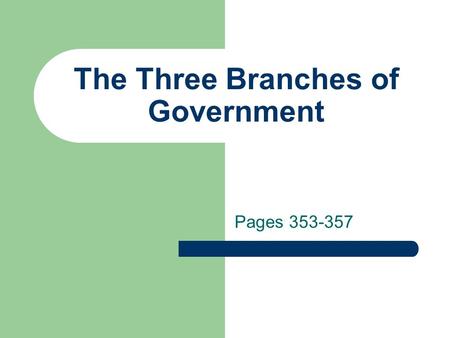 The Three Branches of Government Pages 353-357. Three Branches Federal Government Legislative Judicial Executive.