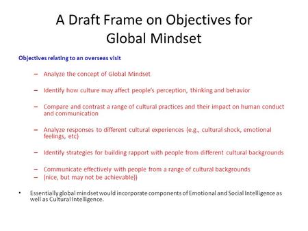 A Draft Frame on Objectives for Global Mindset Objectives relating to an overseas visit – Analyze the concept of Global Mindset – Identify how culture.