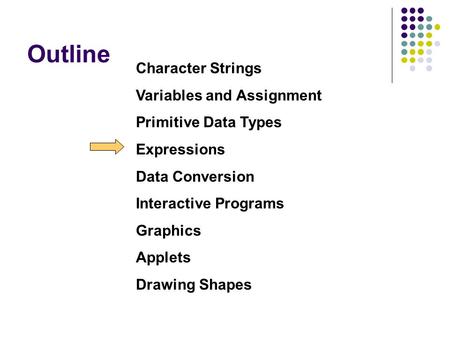 Outline Character Strings Variables and Assignment Primitive Data Types Expressions Data Conversion Interactive Programs Graphics Applets Drawing Shapes.