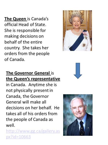 The Queen is Canada’s official Head of State. She is responsible for making decisions on behalf of the entire country. She takes her orders from the people.