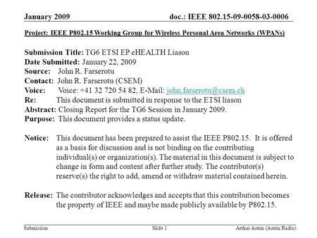 Doc.: IEEE 802.15-09-0058-03-0006 Submission January 2009 Arthur Astrin (Astrin Radio)Slide 1 Project: IEEE P802.15 Working Group for Wireless Personal.