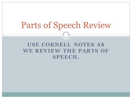 USE CORNELL NOTES AS WE REVIEW THE PARTS OF SPEECH. Parts of Speech Review.