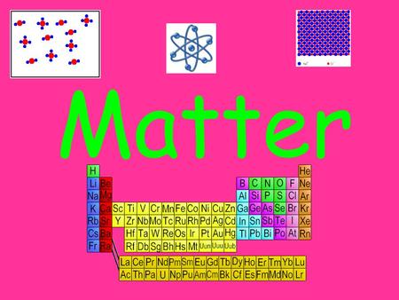 Matter. Stuff that objects are made of Anything that has mass and volume 3 Types –Elements –Compounds –Mixtures.