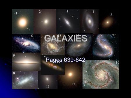 GALAXIES Pages 639-642. Galaxies Def: large scale groups of stars (approx. 100 billion) bound by gravitational attraction- rotates around a center Def: