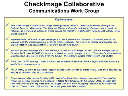Key Messages: This CheckImage Collaborative image clearing report reflects transactions settled through the Federal Reserve, Viewpointe, The Clearing House.