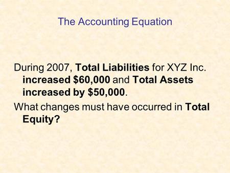 The Accounting Equation During 2007, Total Liabilities for XYZ Inc. increased $60,000 and Total Assets increased by $50,000. What changes must have occurred.