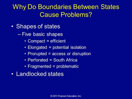 © 2011 Pearson Education, Inc. Why Do Boundaries Between States Cause Problems? Shapes of states –Five basic shapes Compact = efficient Elongated = potential.