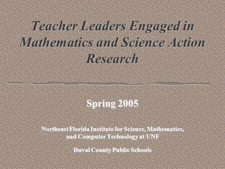 Teacher Leaders Engaged in Mathematics and Science Action Research Spring 2005 Northeast Florida Institute for Science, Mathematics, and Computer Technology.