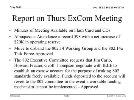 Doc.: IEEE 802.15-00/137r0 Submission May 2000 Robert F. Heile, GTESlide 1 Report on Thurs ExCom Meeting Minutes of Meeting Available on Flash Card and.