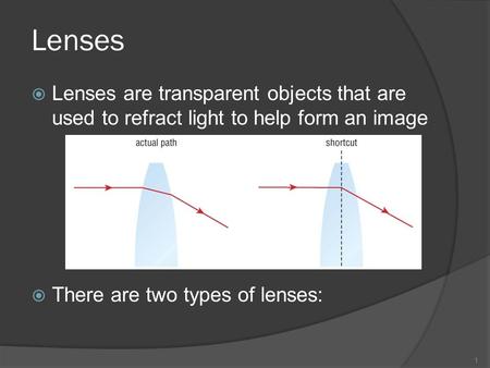 Lenses Lenses are transparent objects that are used to refract light to help form an image There are two types of lenses: