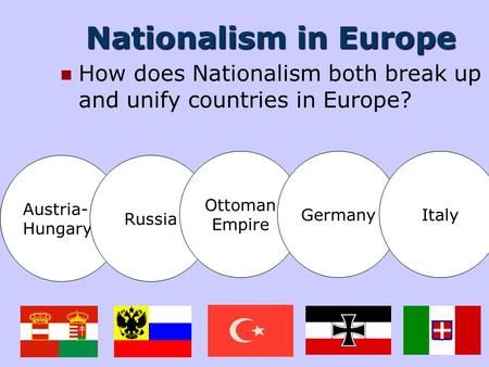 Nationalism in Europe How does Nationalism both break up and unify countries in Europe? Ottoman Empire Germany Italy Austria- Hungary Russia.