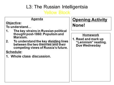 L3: The Russian Intelligentsia Yellow Block Agenda Objective: To understand… 1.The key strains in Russian political thought post-1860: Populism and Marxism.