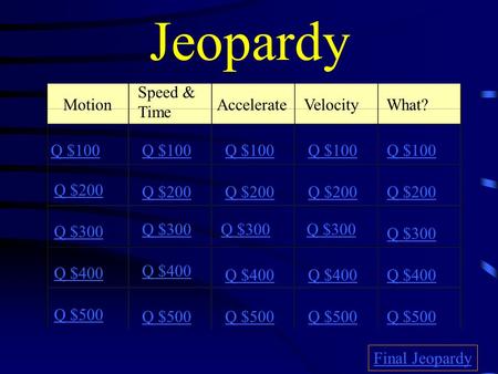 Jeopardy Motion Speed & Time AccelerateVelocity What? Q $100 Q $200 Q $300 Q $400 Q $500 Q $100 Q $200 Q $300 Q $400 Q $500 Final Jeopardy.