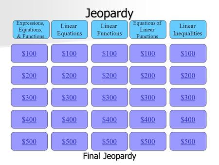 Jeopardy $100 Expressions, Equations, & Functions Linear Equations Linear Functions Equations of Linear Functions Linear Inequalities $200 $300 $400 $500.