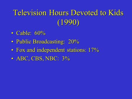 Television Hours Devoted to Kids (1990) Cable: 60%Cable: 60% Public Broadcasting: 20%Public Broadcasting: 20% Fox and independent stations: 17%Fox and.