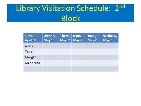 Library Visitation Schedule: 2 nd Block Tues., April 30 Wednes., May 1 Thurs., May 2 Mon., May 6 Tues., May 7 Wednes., May 8 Olivia Terral Morgan Maneerah.