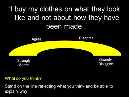 ‘I buy my clothes on what they look like and not about how they have been made.’ Strongly Agree Strongly Disagree What do you think? Stand on the line.