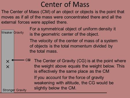 CG CM Center of Mass The Center of Mass (CM) of an object or objects is the point that moves as if all of the mass were concentrated there and all the.