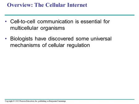Copyright © 2005 Pearson Education, Inc. publishing as Benjamin Cummings Overview: The Cellular Internet Cell-to-cell communication is essential for multicellular.